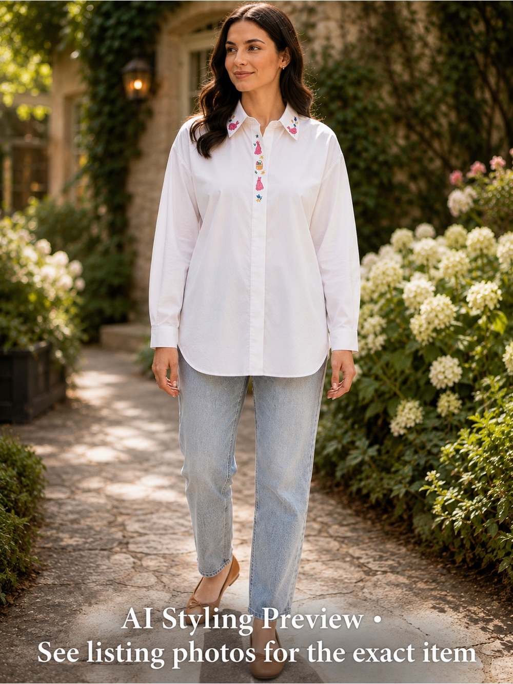White Bunny Embroidered Hidden Placket Button-Up Shirt S